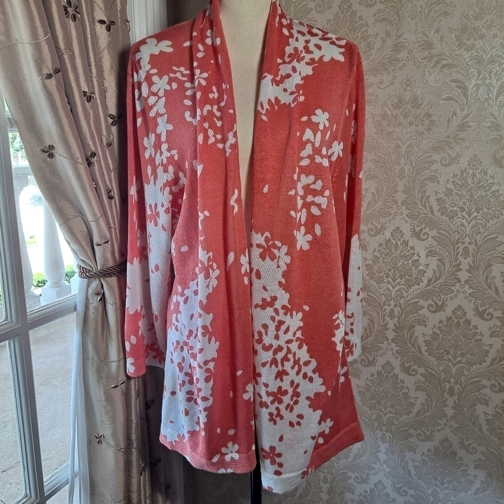 Investments II size 1X Open Front Cardigan Peach & White NWT